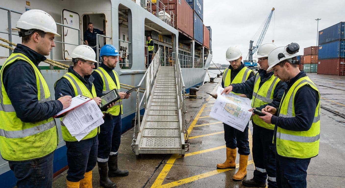 Port handover meeting between marine teams.