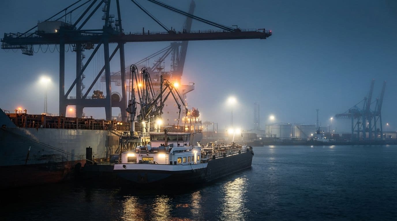 Bunker fuel supply vessel alongside a ship